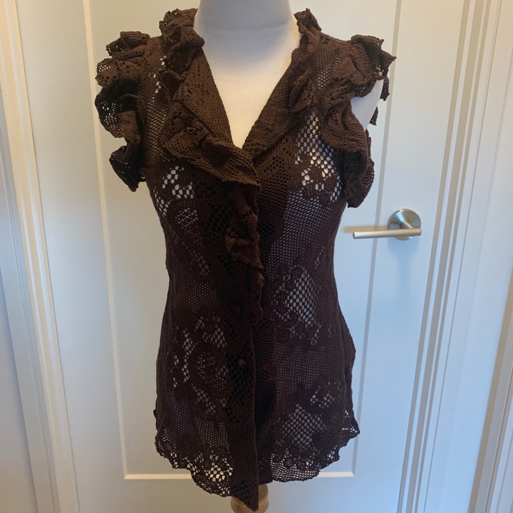 🤎 Eva Franco knit lace button front top 🤎